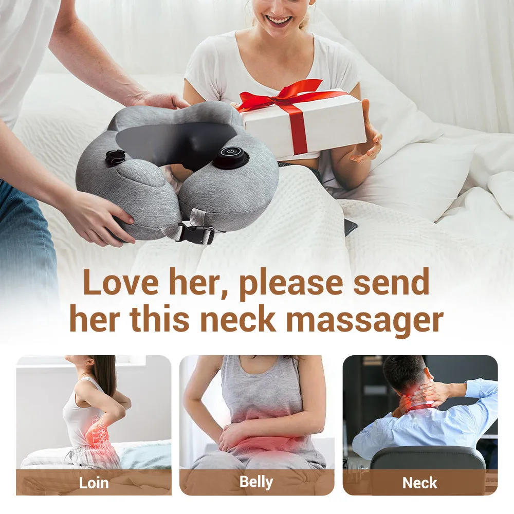 Gray inflatable U shape neck massager pillow with kneading 3 modes, deflated on a table with carry bag and USB cable