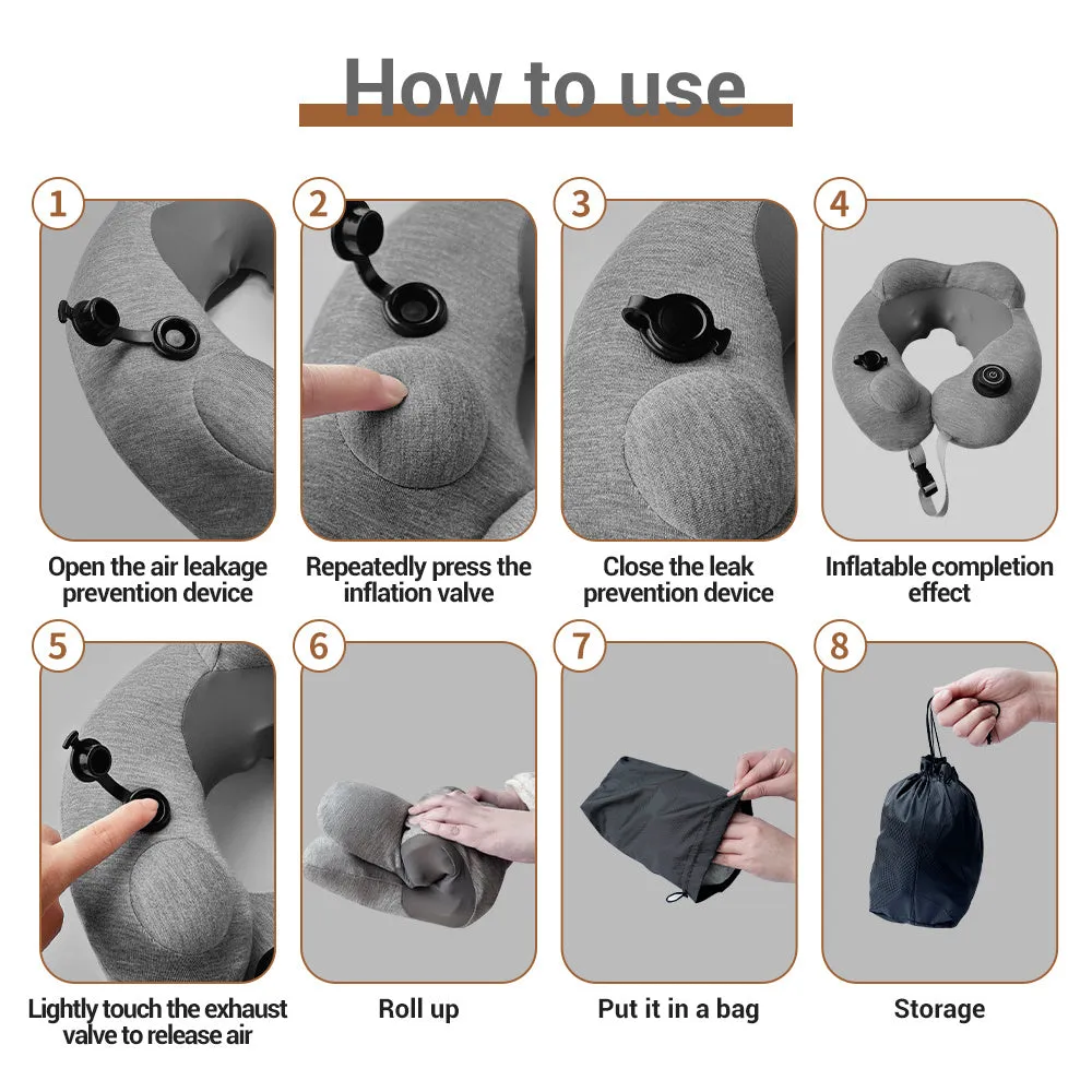 Gray inflatable U shape neck massager pillow with kneading 3 modes, deflated on a table with carry bag and USB cable