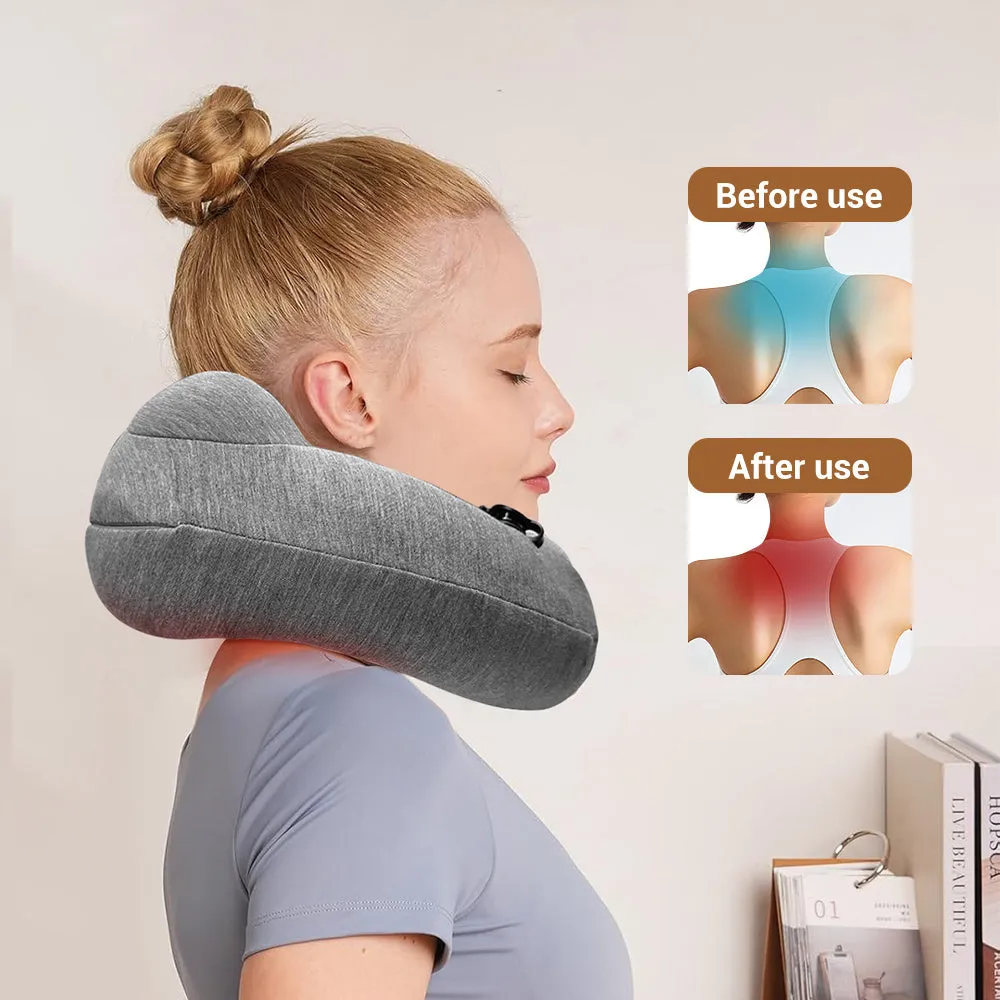 Gray inflatable U shape neck massager pillow with kneading 3 modes, deflated on a table with carry bag and USB cable