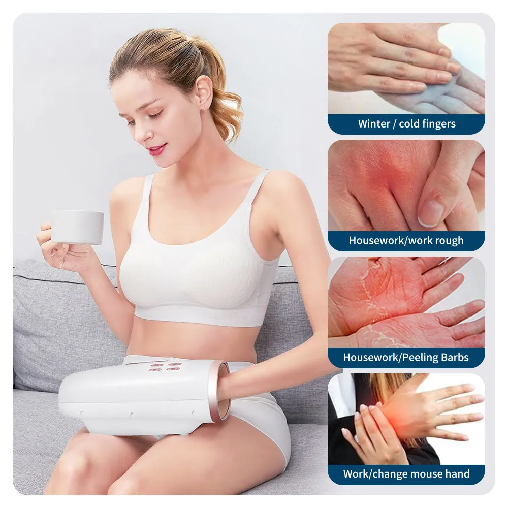 White portable hand massager with heat and air compression for hand pain relief, USB rechargeable design