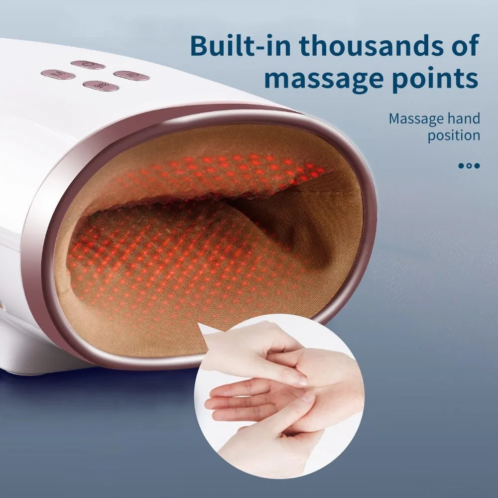 White portable hand massager with heat and air compression for hand pain relief, USB rechargeable design