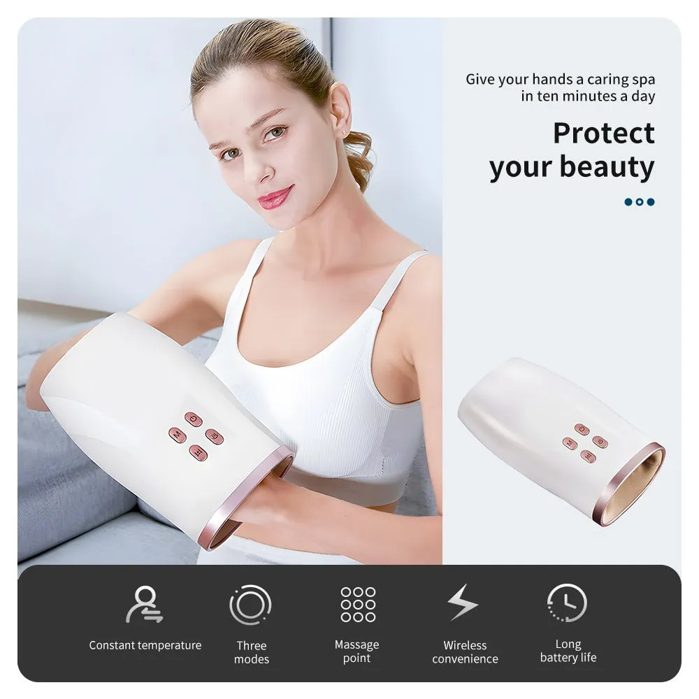 White portable hand massager with heat and air compression for hand pain relief, USB rechargeable design
