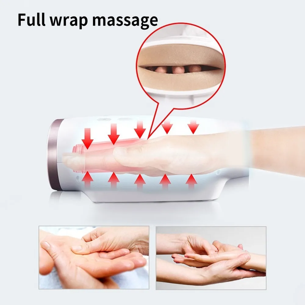 White portable hand massager with heat and air compression for hand pain relief, USB rechargeable design