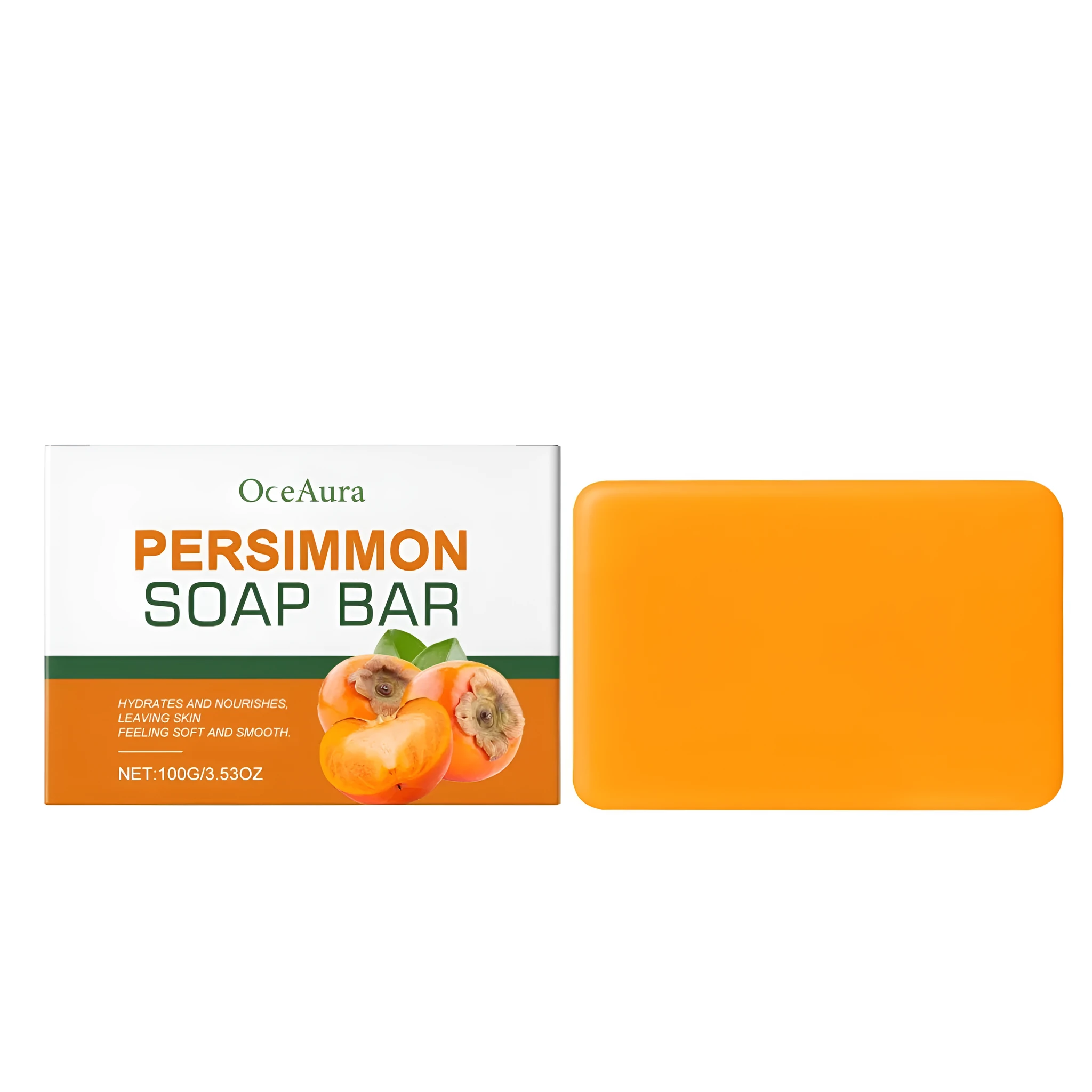 Persimmon skin soothing soap 100g bar with shea butter retinol hyaluronic acid on white background