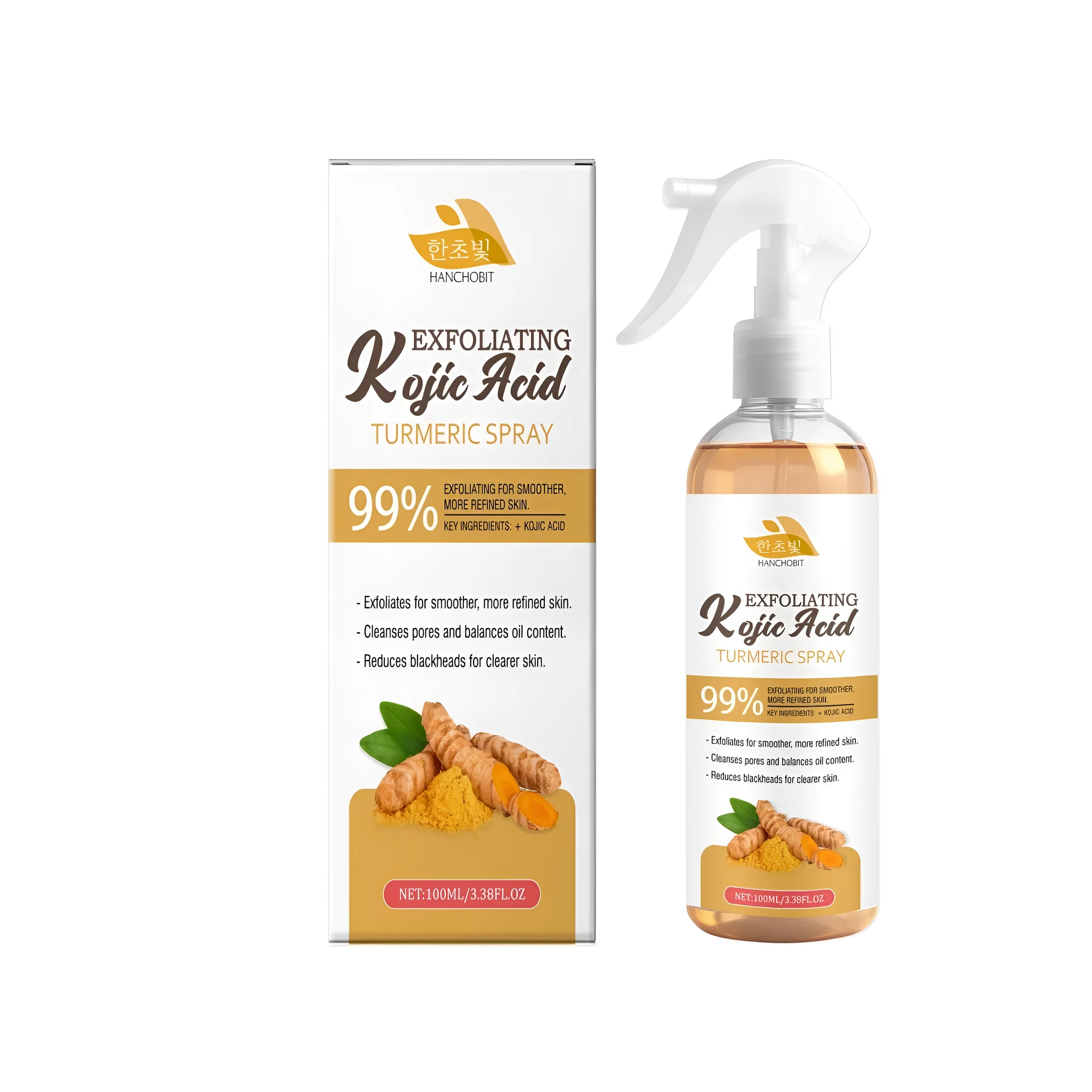 Turmeric Exfoliating Spray with Kojic Acid 100ml bottle on clean surface