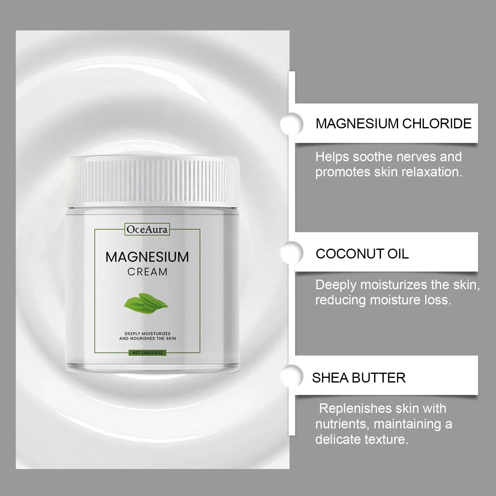 Body magnesium cream 114g with coconut oil and shea butter for soothing and moisturising