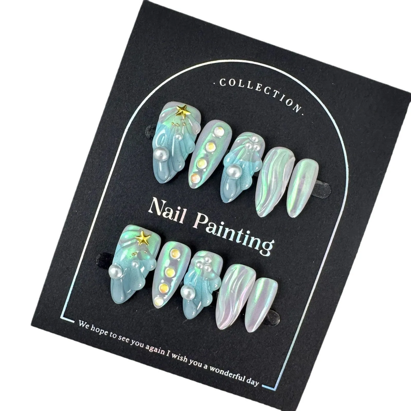HAILANG blue shell design plastic false nail tips set in XS, S, M, L sizes