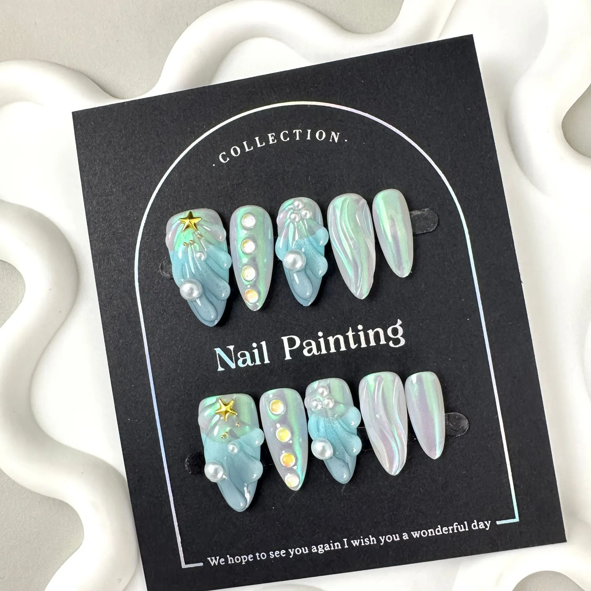 HAILANG blue shell design plastic false nail tips set in XS, S, M, L sizes