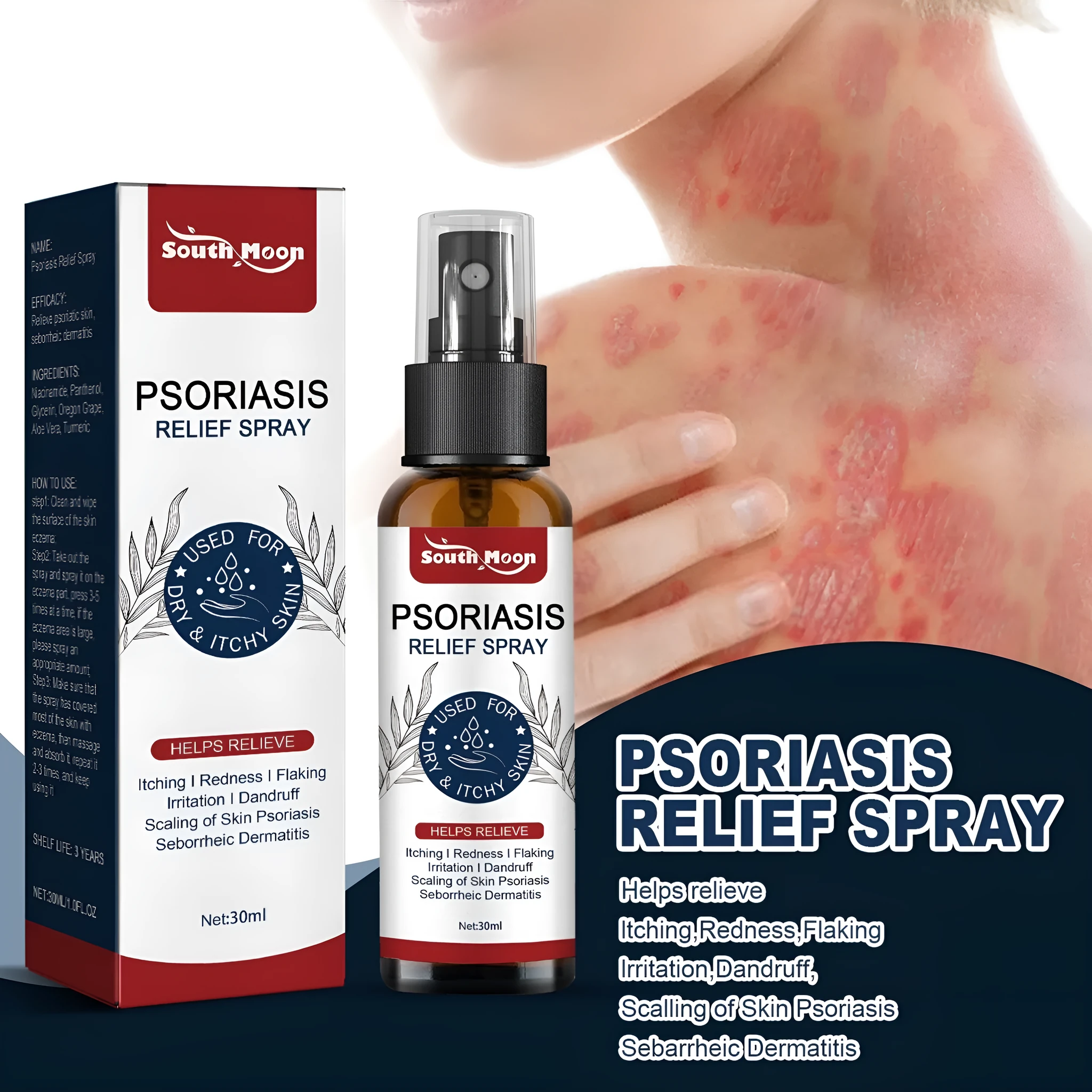 30ml bottle of body care spray for skin relief with glycerin and aloe vera.