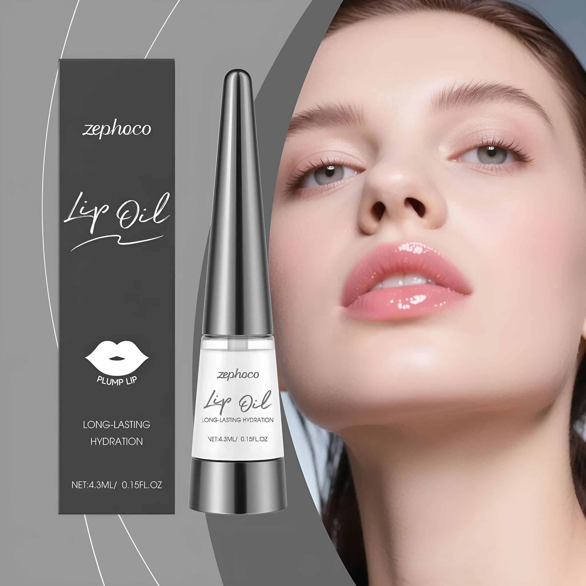 Long-lasting nourishing lip oil tube with 4.3ml capacity, clear formula with grape seed oil and shea butter