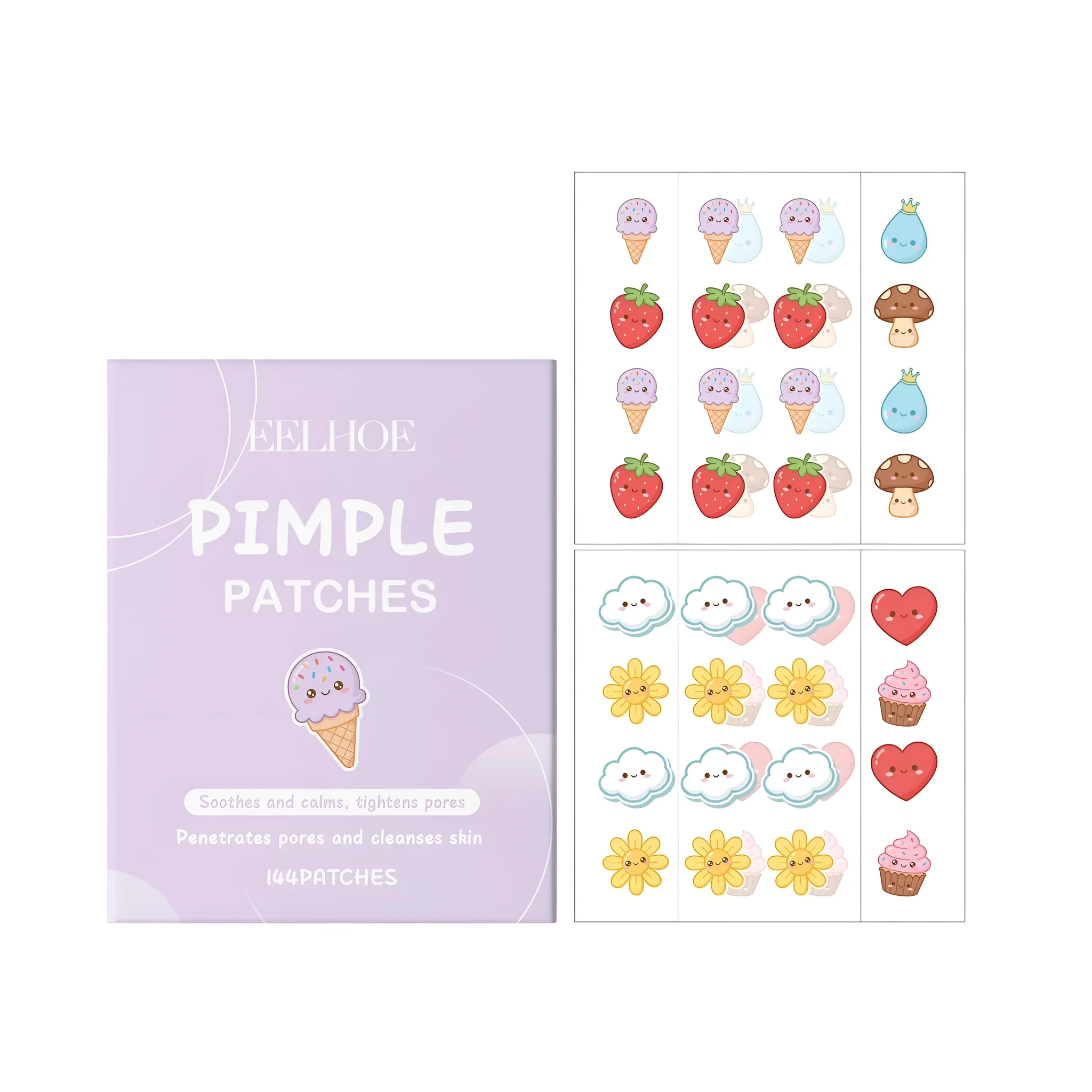 Cartoon acne relieving patch with tea tree oil and mint leaves, 144 patches in pack, hydrocolloid blemish treatment