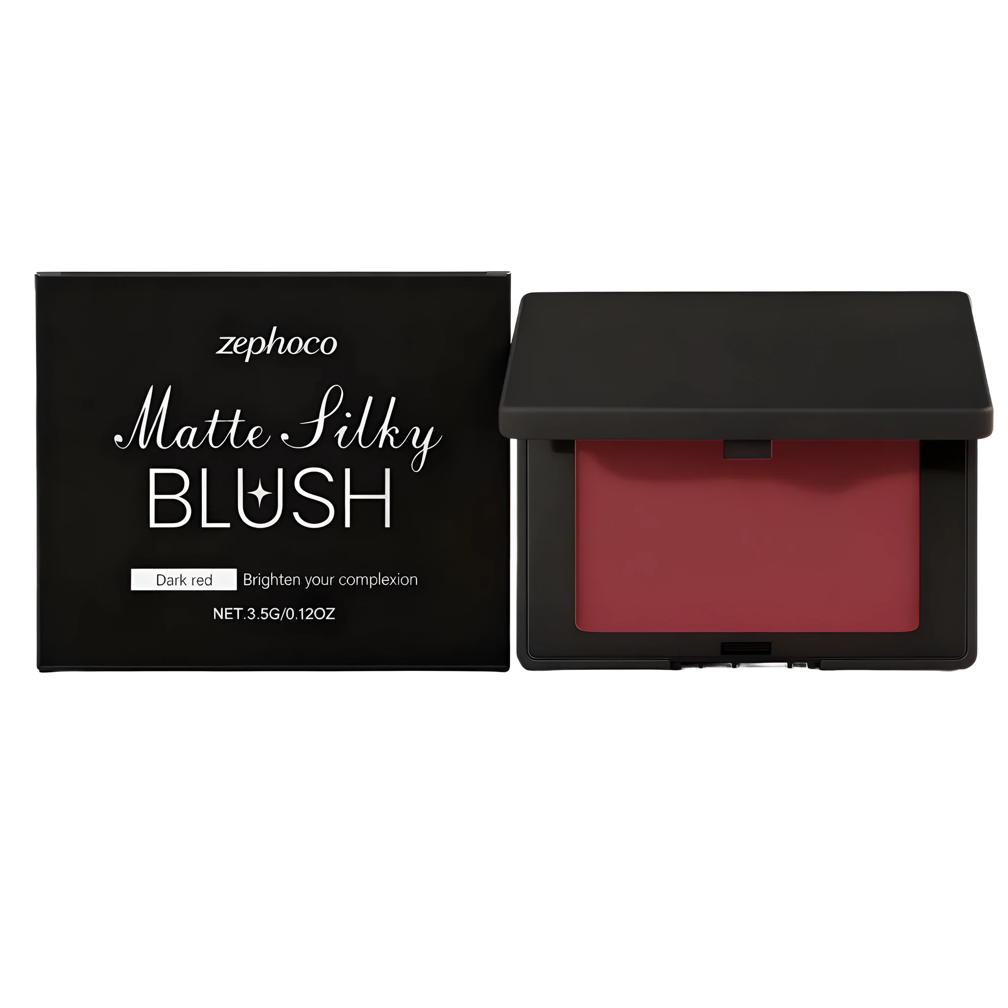 Matte silky blush compact in Dark Red shade with a powder texture and brownish-red colour