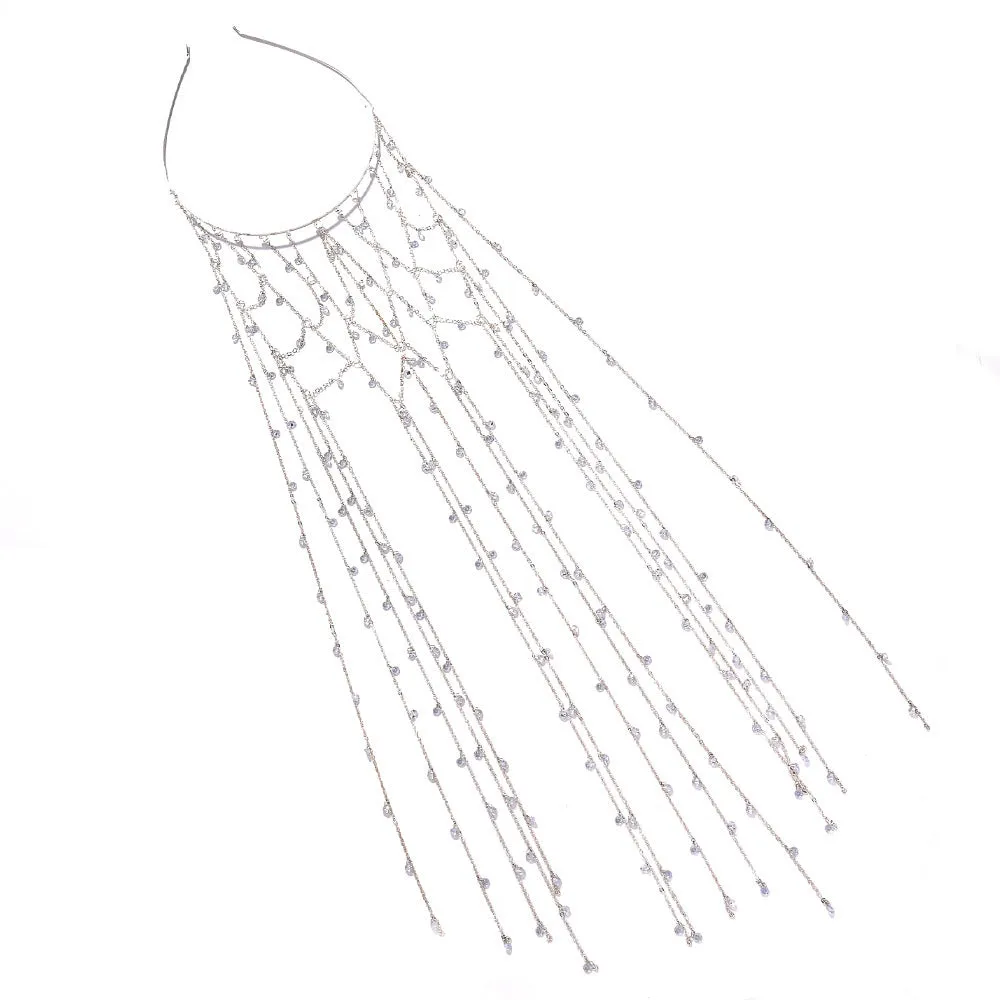 Gold electroplated rhinestone headband with mesh tassel detailing, 24 cm hair accessory