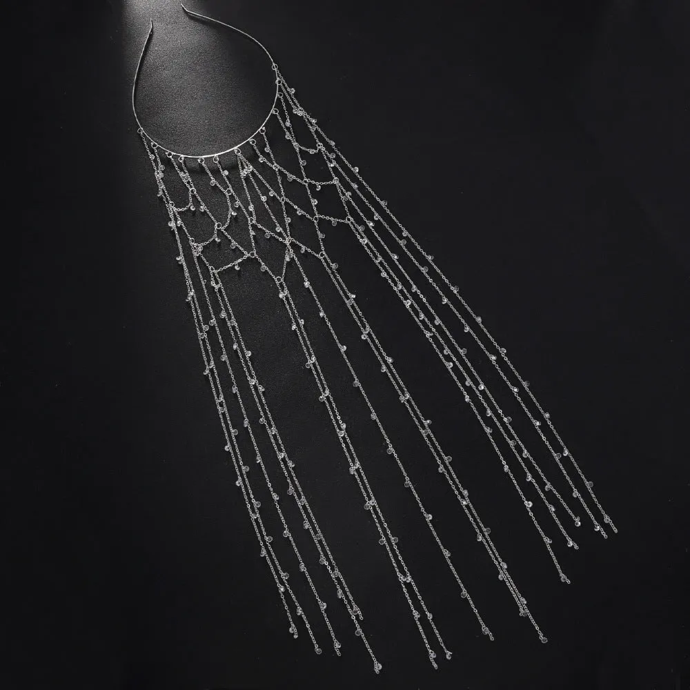 Gold electroplated rhinestone headband with mesh tassel detailing, 24 cm hair accessory