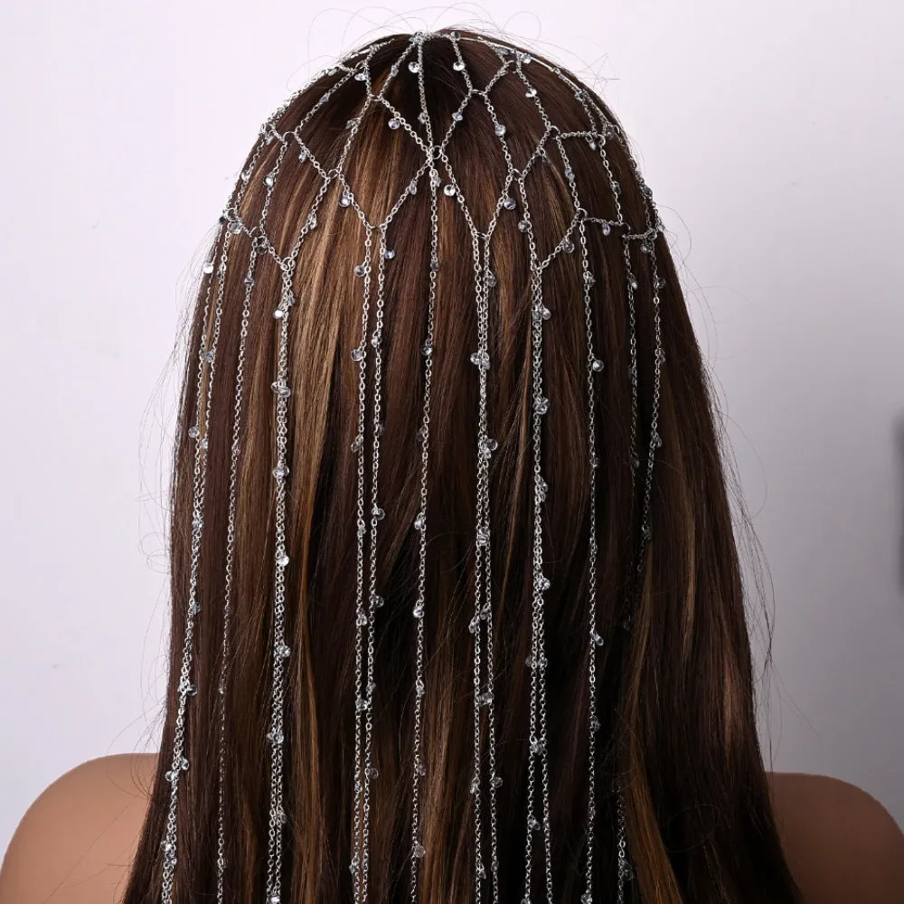Gold electroplated rhinestone headband with mesh tassel detailing, 24 cm hair accessory