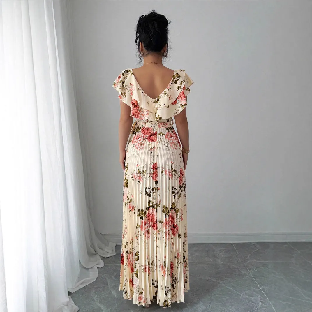 Apricot floral print women's dress with v-neck, ruffled sleeves, and a high-waisted long swing skirt.