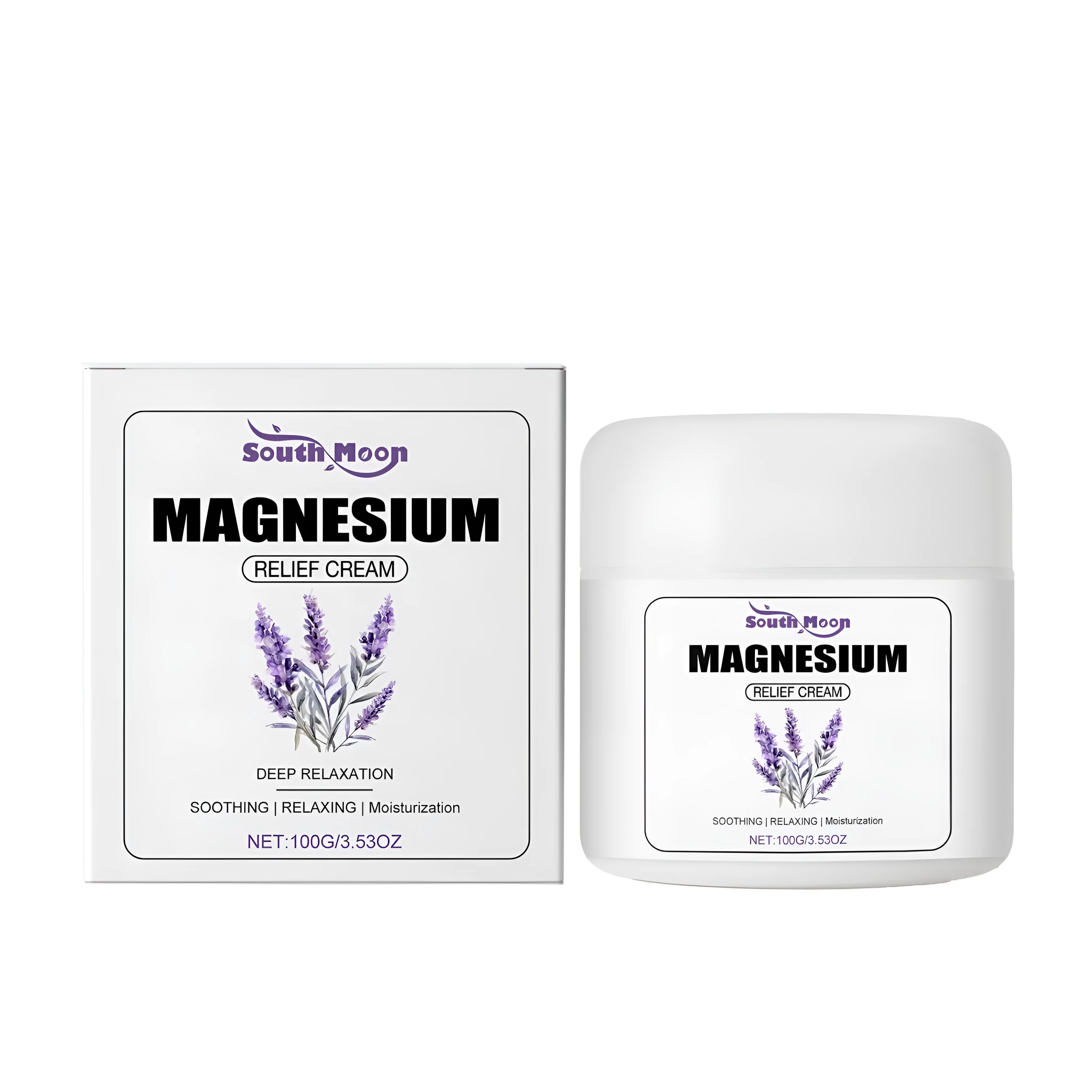 Lavender Soothing Magnesium Cream 100g jar with mint and vitamin E ingredients listed on label