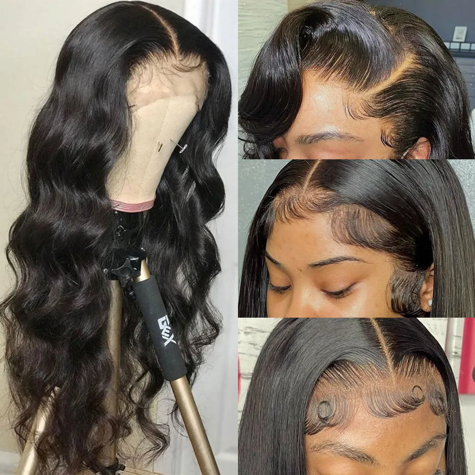 Black long curly front lace synthetic wig with side bangs on a mannequin head