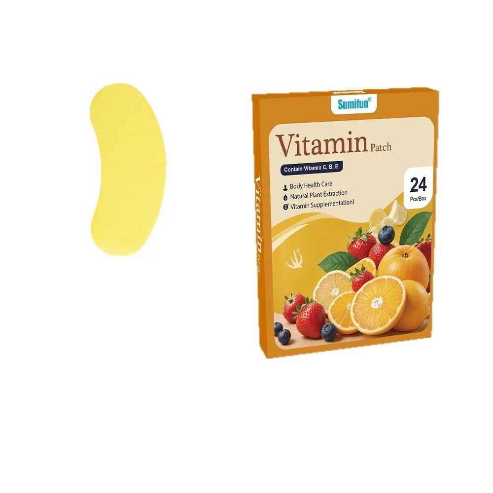 A box of pain relieving vitamin plaster patches containing 24 patches for topical use