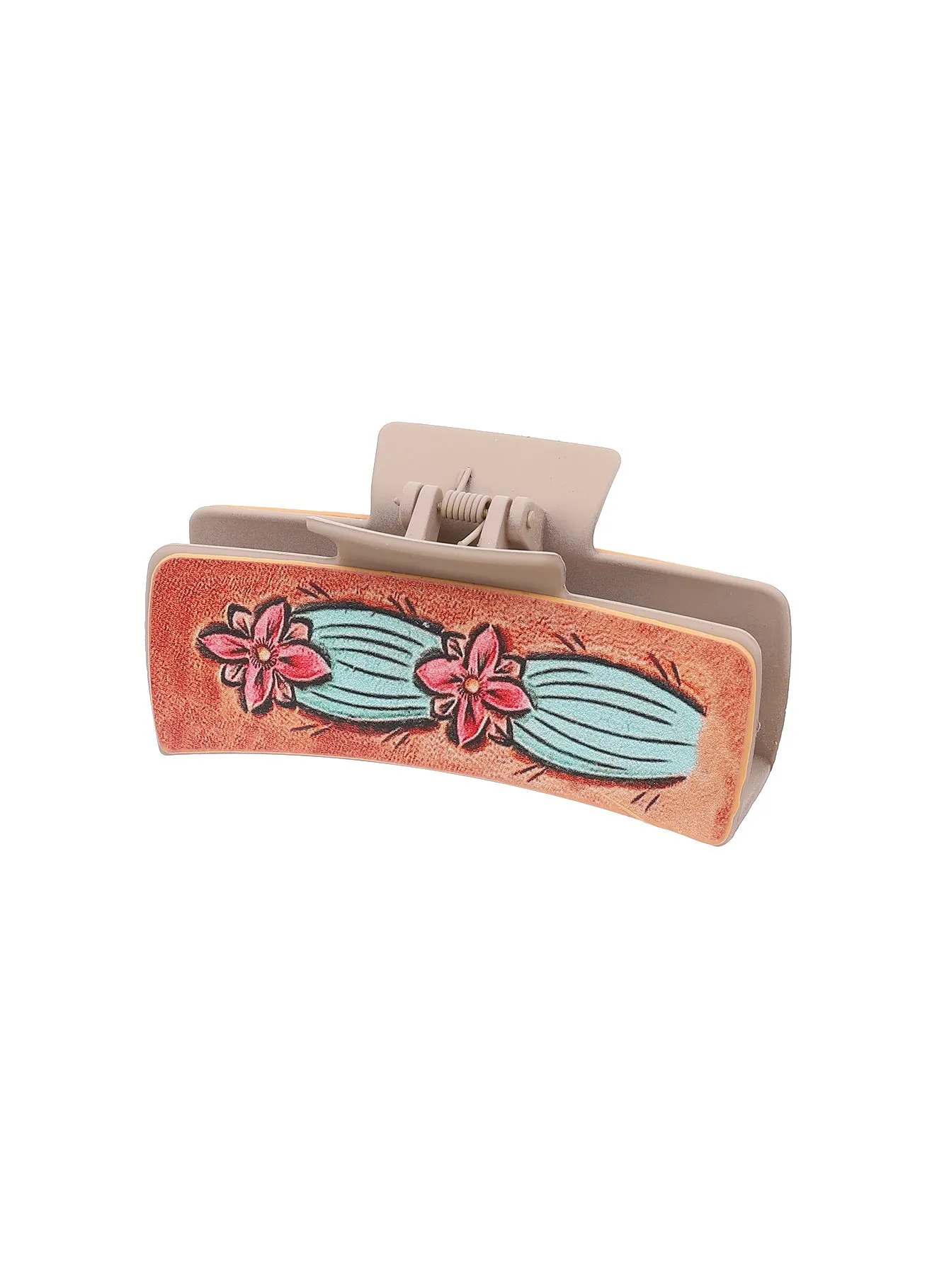 Gray artificial leather barrette with sunflower motif and denim style finish for ladies