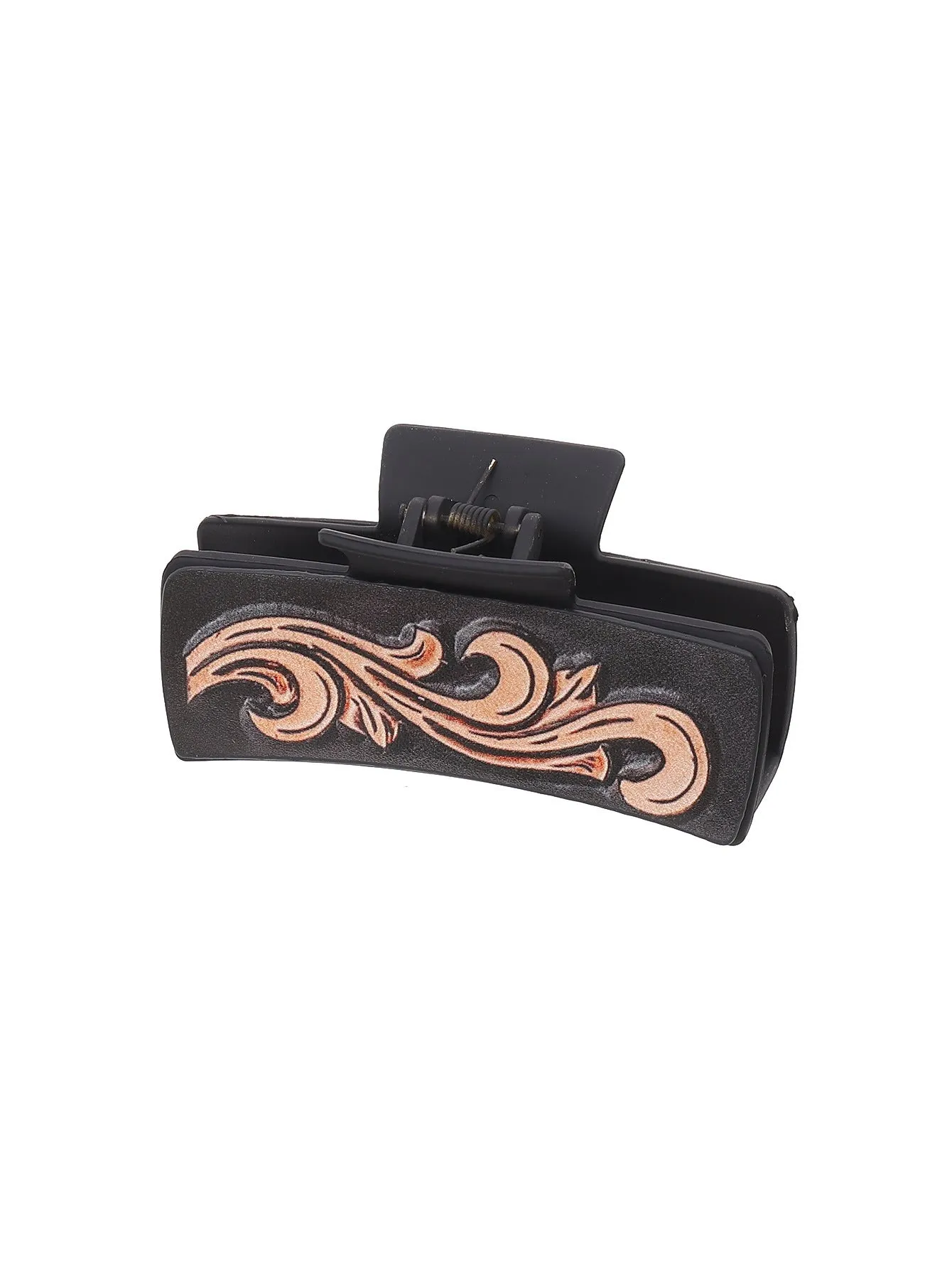 Gray artificial leather barrette with sunflower motif and denim style finish for ladies