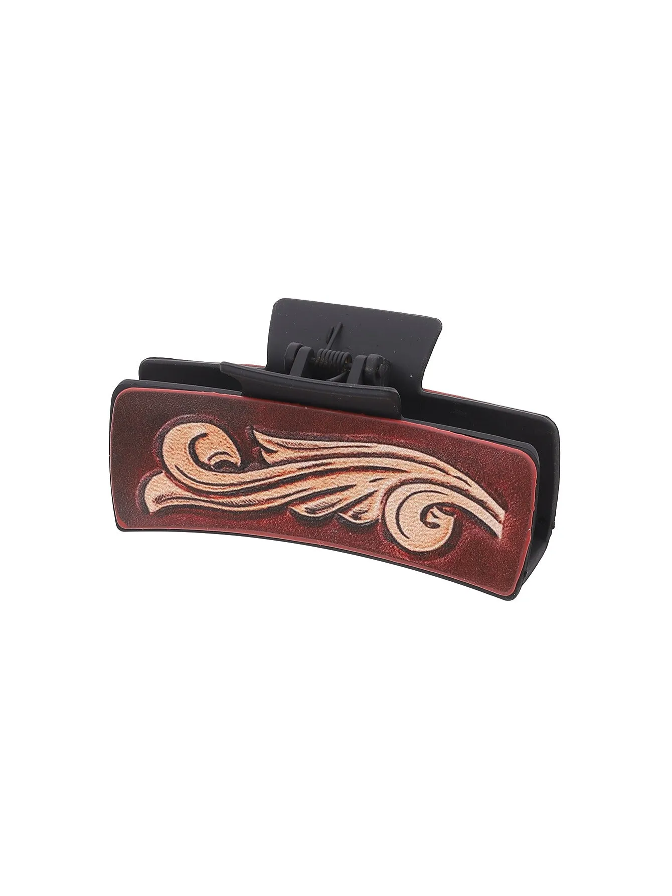 Gray artificial leather barrette with sunflower motif and denim style finish for ladies