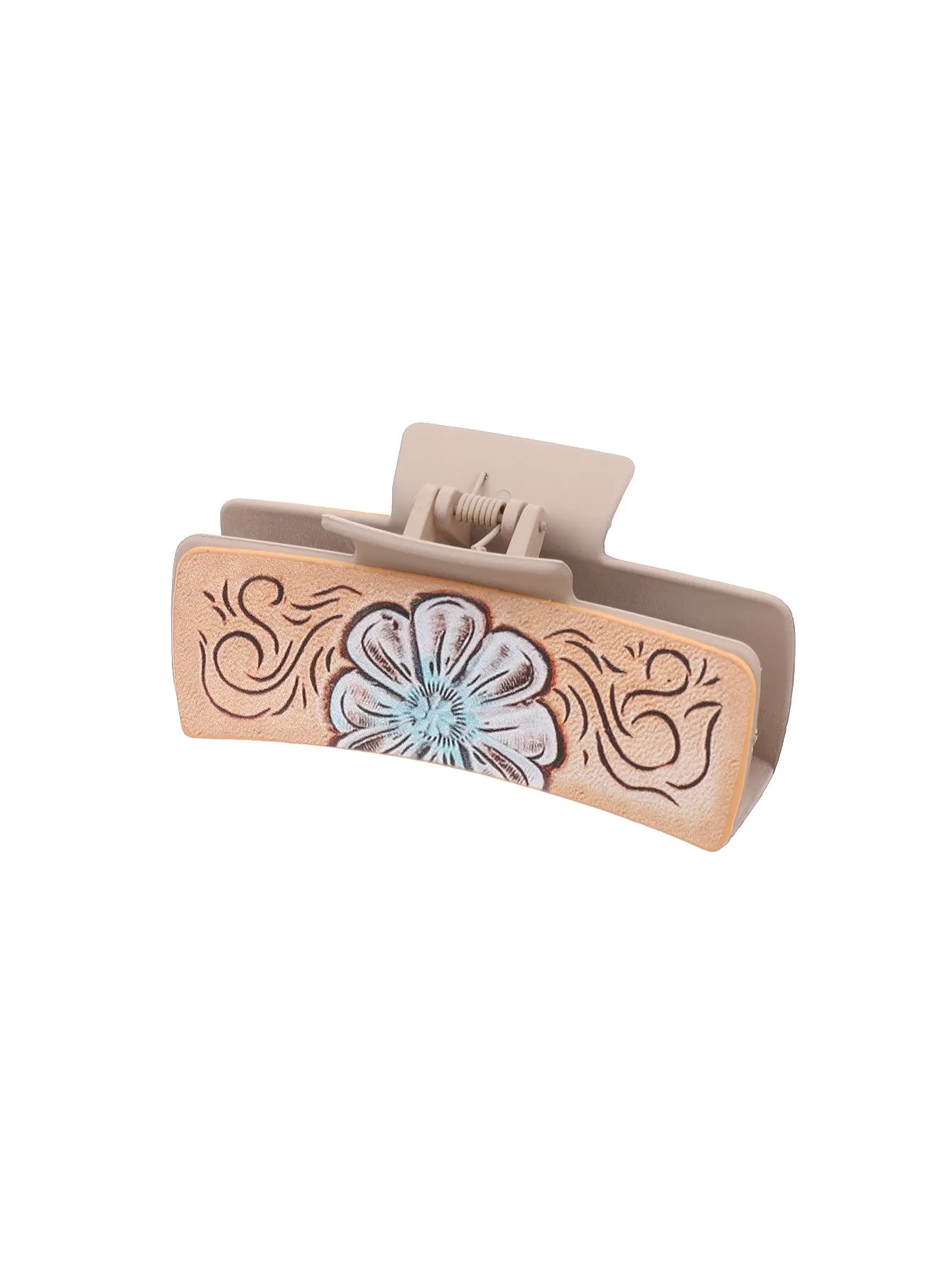 Gray artificial leather barrette with sunflower motif and denim style finish for ladies