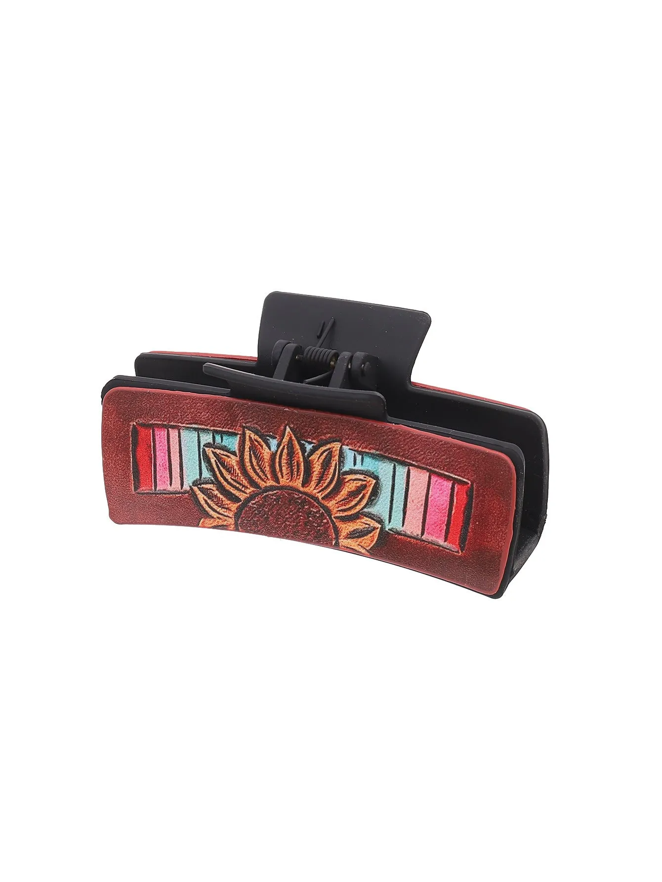 Gray artificial leather barrette with sunflower motif and denim style finish for ladies