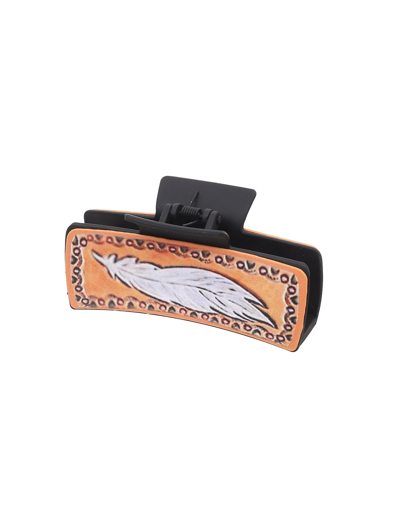 Gray artificial leather barrette with sunflower motif and denim style finish for ladies