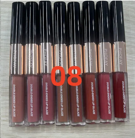 C-L021 double-head lip gloss with non-stick cup applicator shown in colour shades 01 to 08