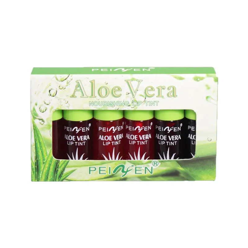 Set of six aloe lip gloss tubes in different colours on a light background