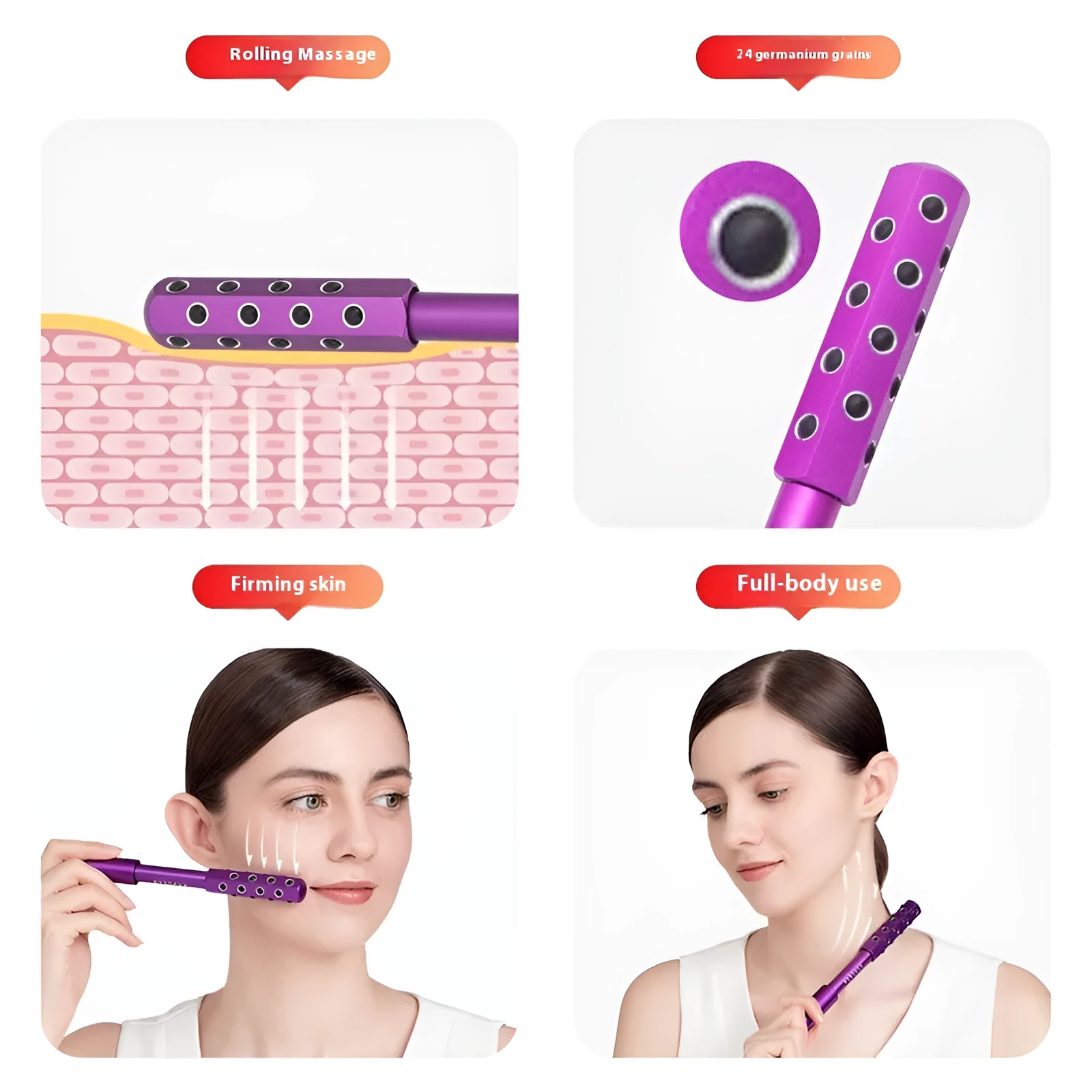 Germanium stone facial roller beauty stick in black, purple, and rose gold, 19x172 mm size