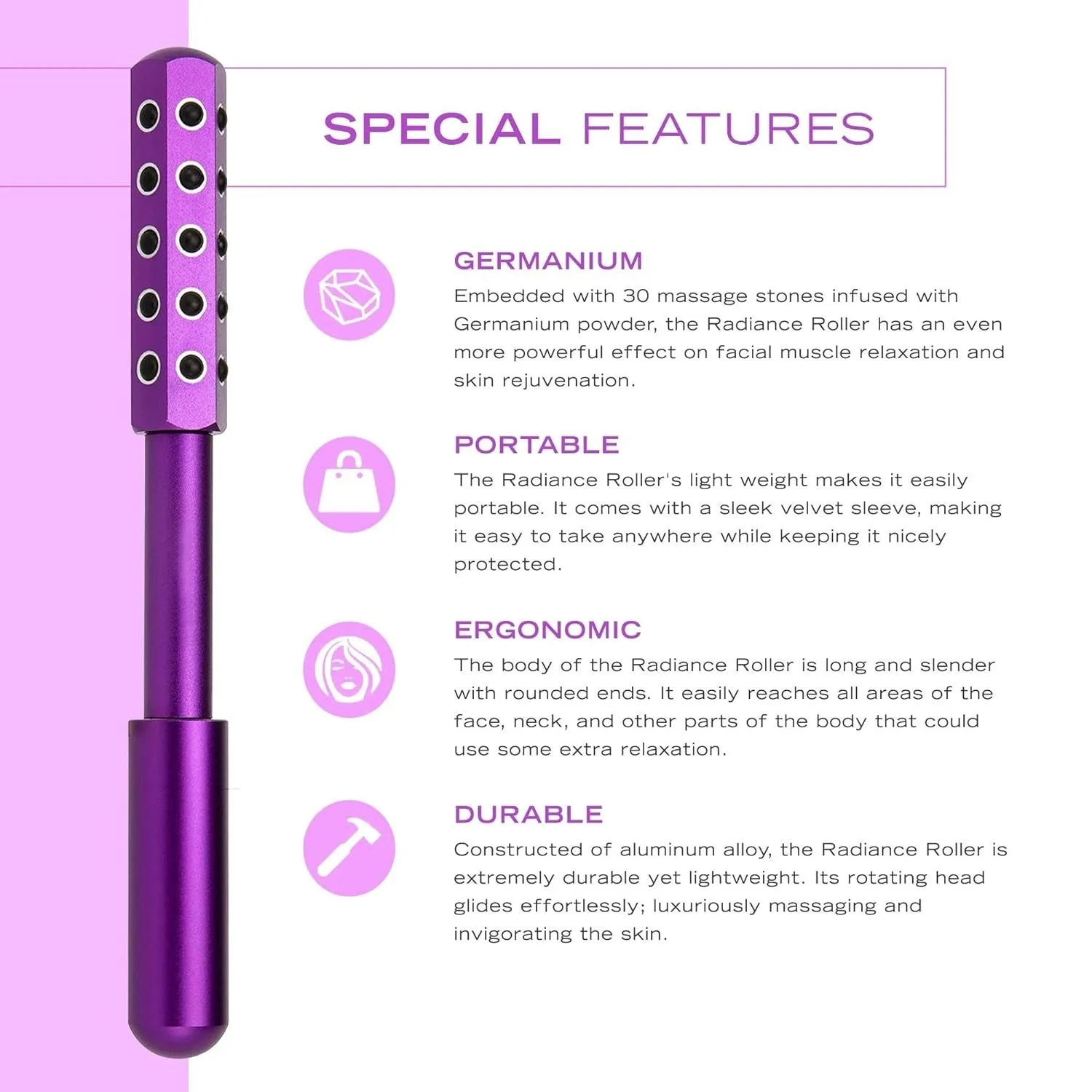 Germanium stone facial roller beauty stick in black, purple, and rose gold, 19x172 mm size