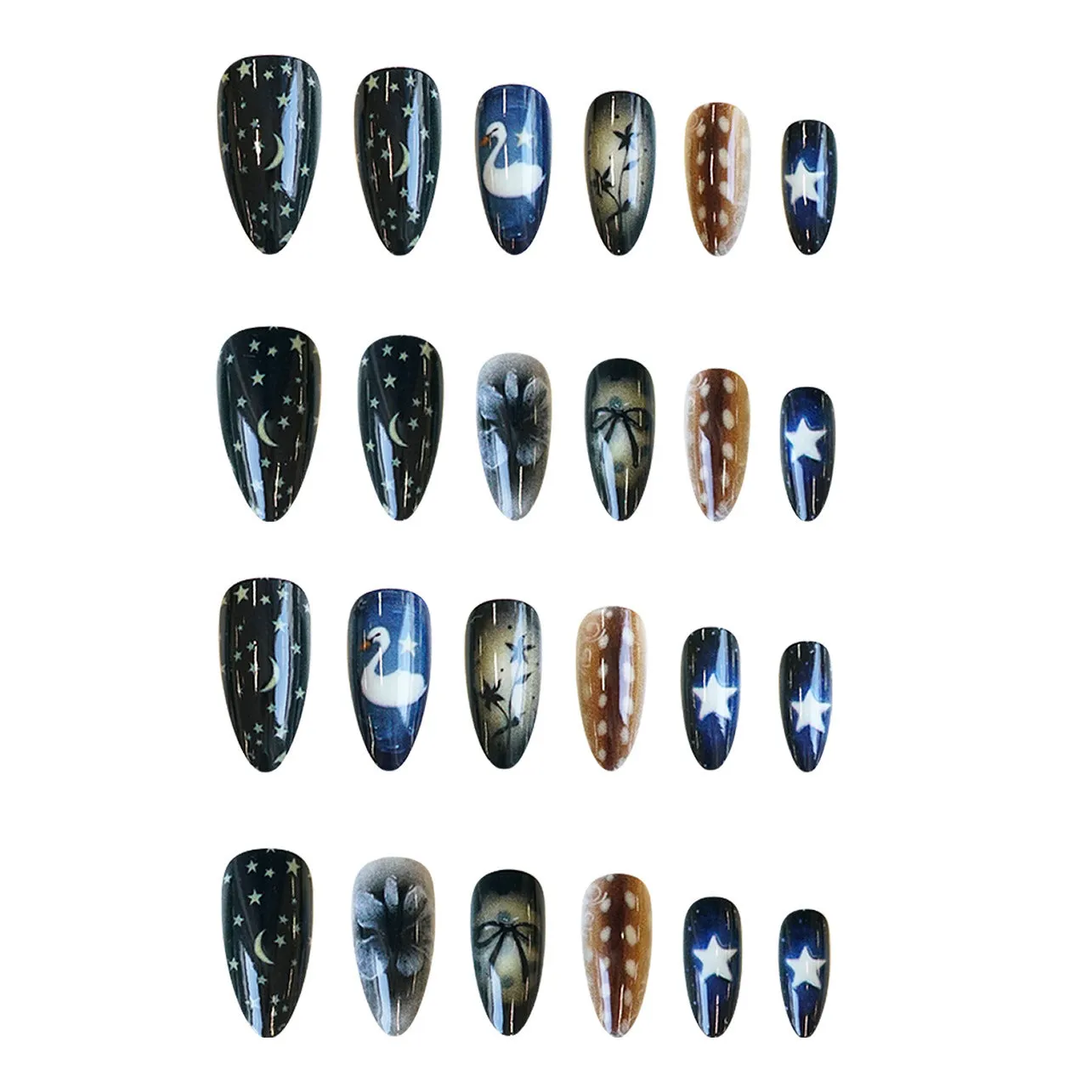 Women's French nail tip set with star moon swan bow flower pattern and glue