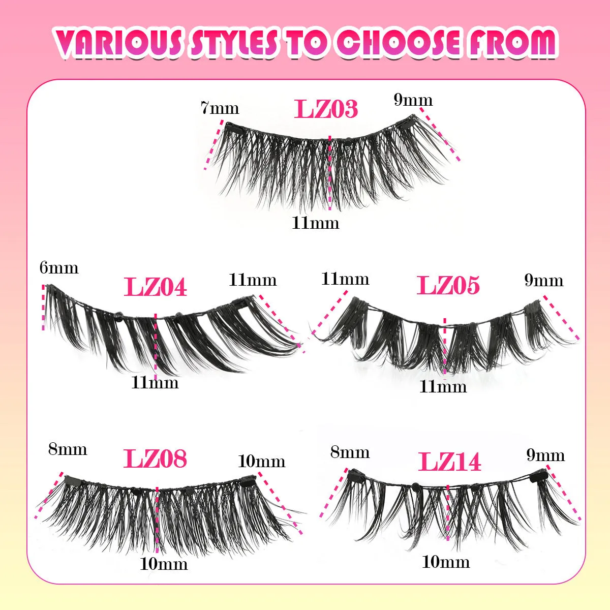 Reusable waterproof false eyelashes with glue-free design in five natural thickness styles