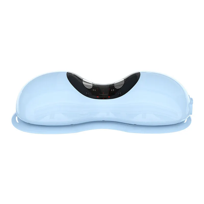 Blue rechargeable cervical massage pillow with multi-mode and heat on a chair