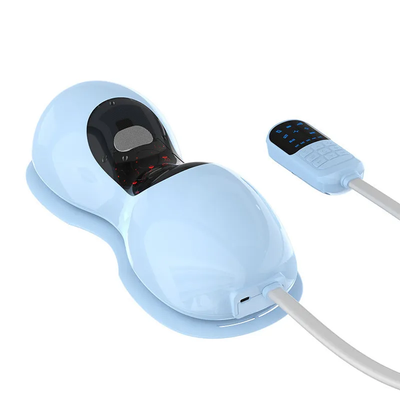 Blue rechargeable cervical massage pillow with multi-mode and heat on a chair