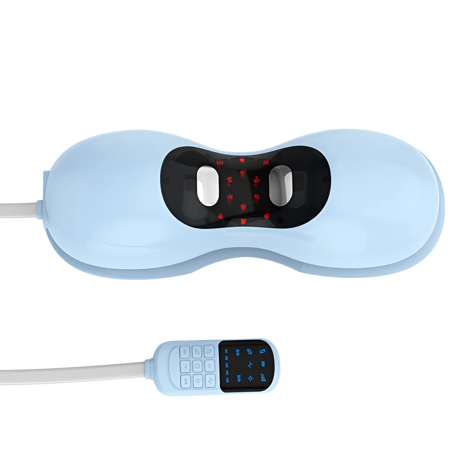Blue rechargeable cervical massage pillow with multi-mode and heat on a chair