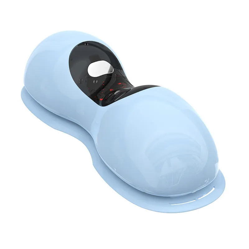 Blue rechargeable cervical massage pillow with multi-mode and heat on a chair