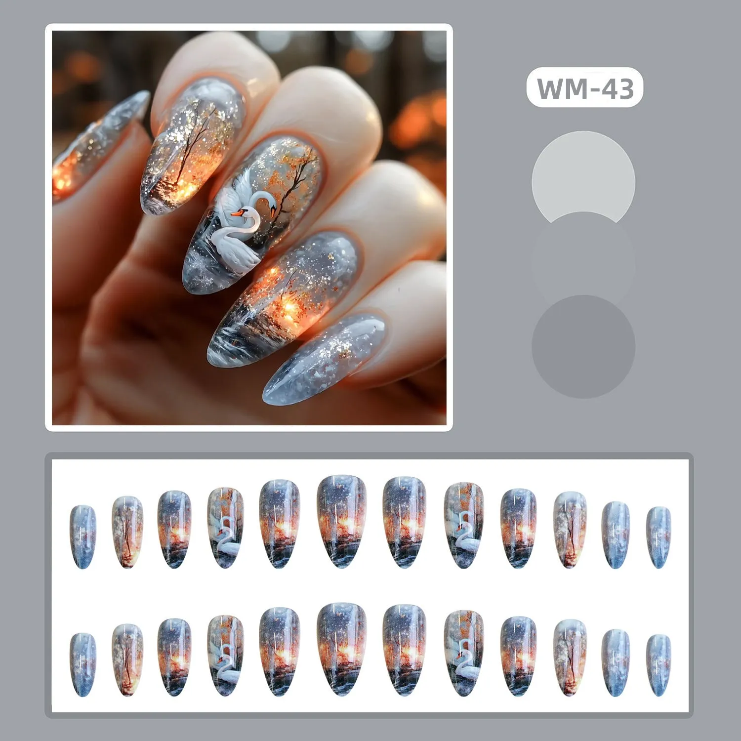 Starry sky pattern WM-43 Swan Lake Dance almond fake nails glue type for ladies