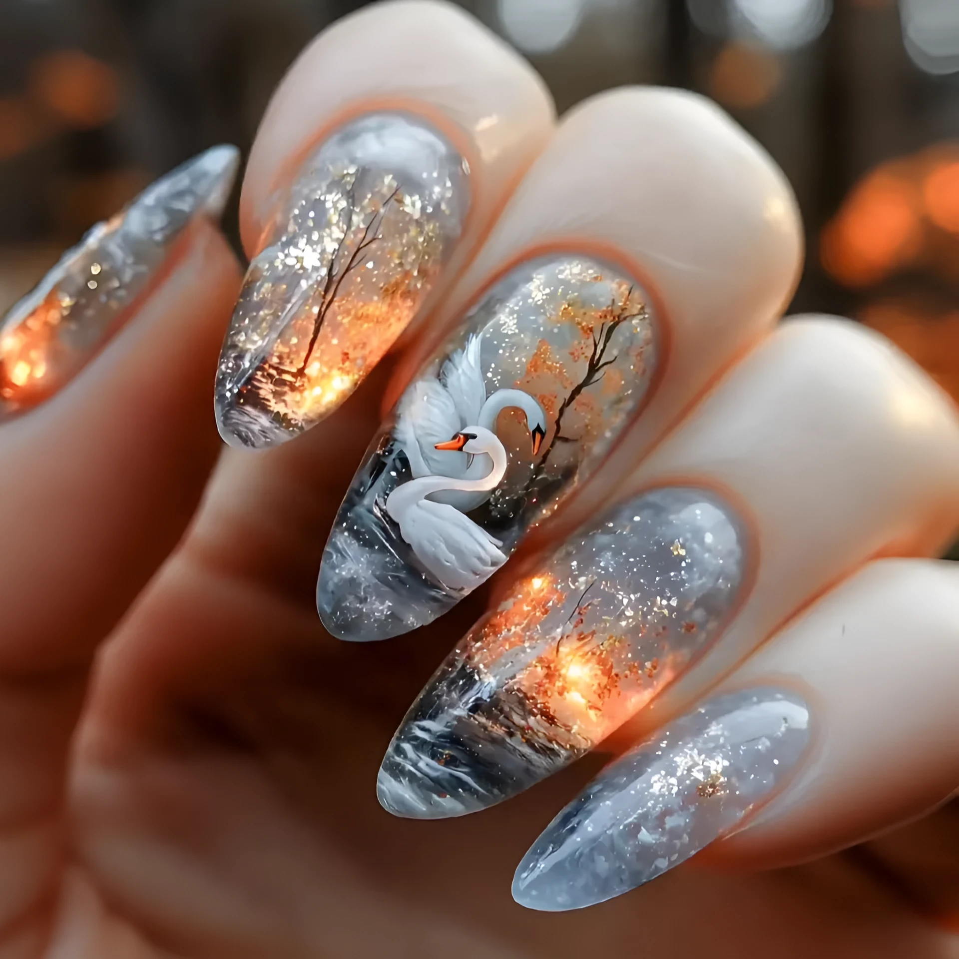 Starry sky pattern WM-43 Swan Lake Dance almond fake nails glue type for ladies