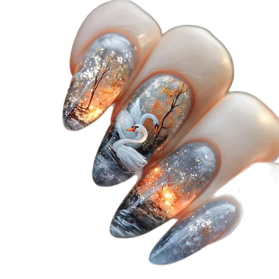 Starry sky pattern WM-43 Swan Lake Dance almond fake nails glue type for ladies