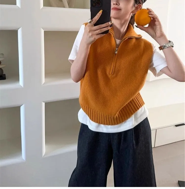 Retro half zip sleeveless knit vest with 3D pattern in polyester mesh fabric