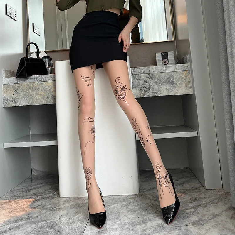 Thin ladies pantyhose in black, skin colour, and white prints with jacquard anti-snagging fabric.