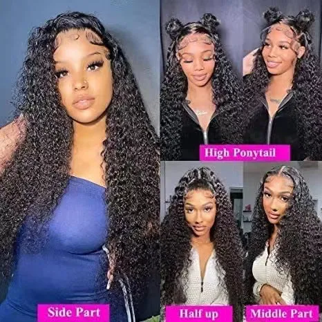 Fluffy big wave half headgear wig in long curly style with side bangs, black colour option