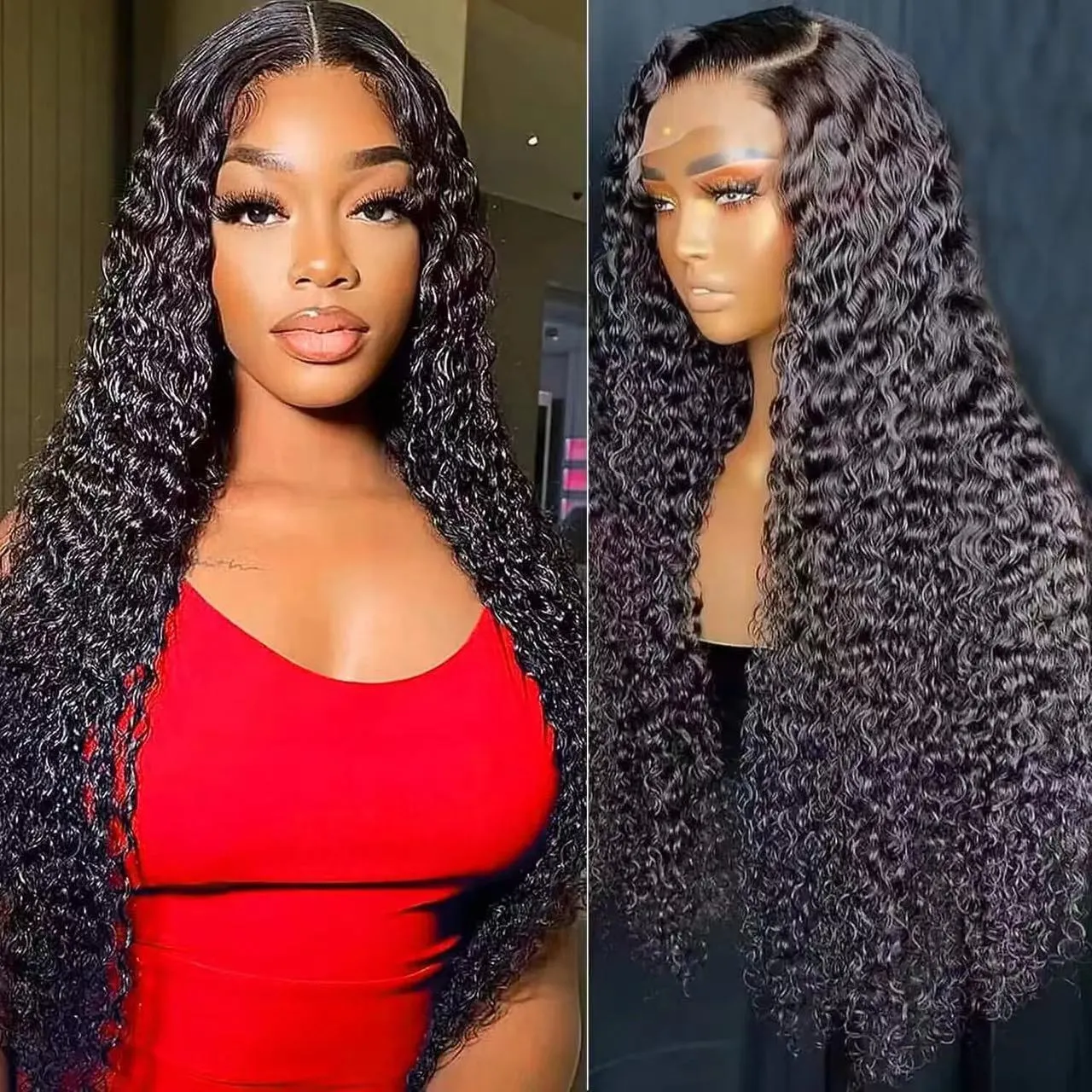 Fluffy big wave half headgear wig in long curly style with side bangs, black colour option