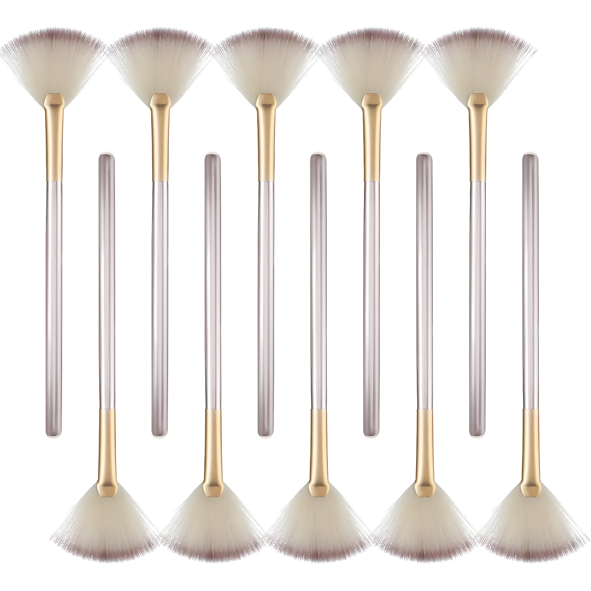 10 professional facial fan brushes with champagne finish acrylic handles and soft fibre bristles
