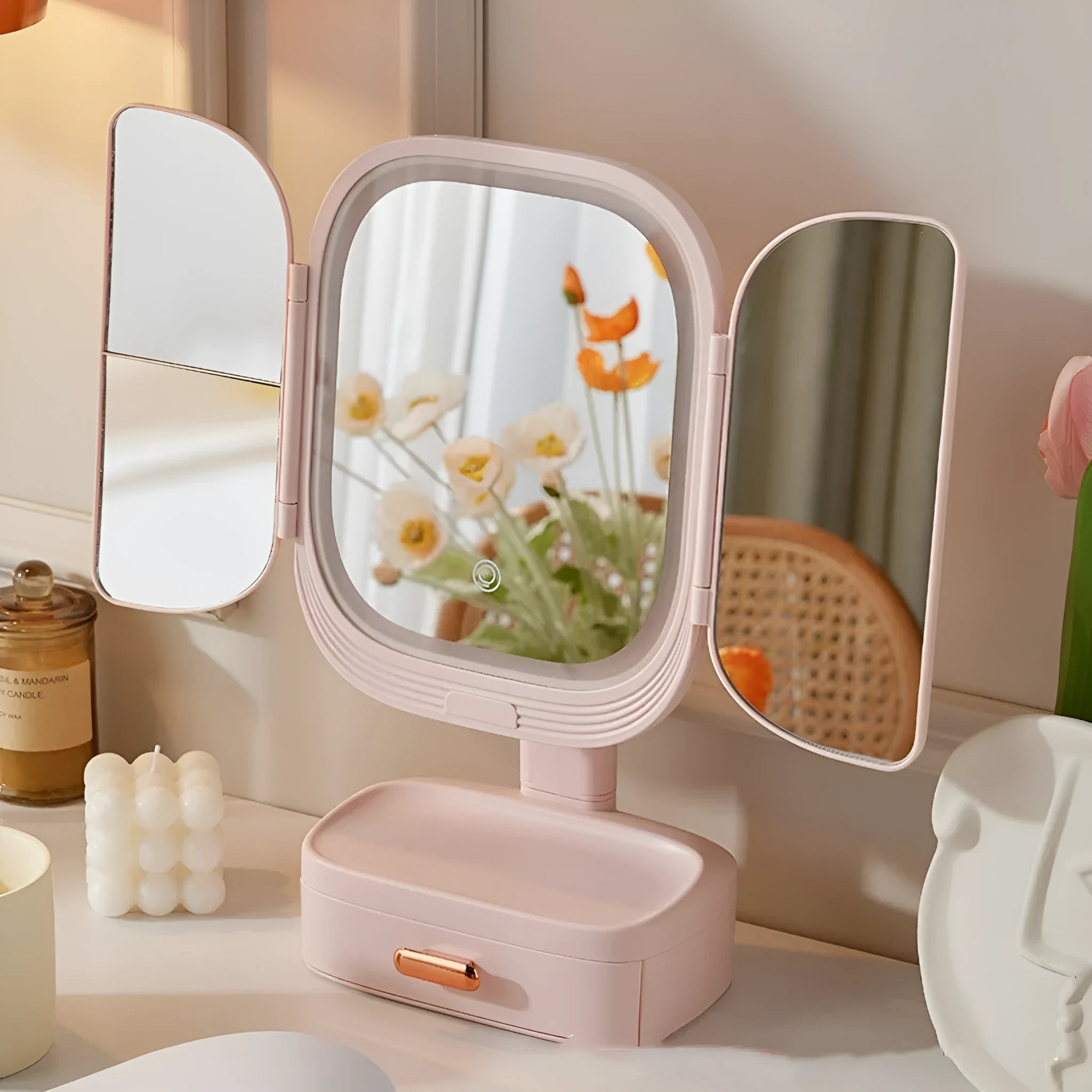 Foldable LED desktop cosmetic mirror with USB power, plastic frame, 17.5x11x36cm, in white