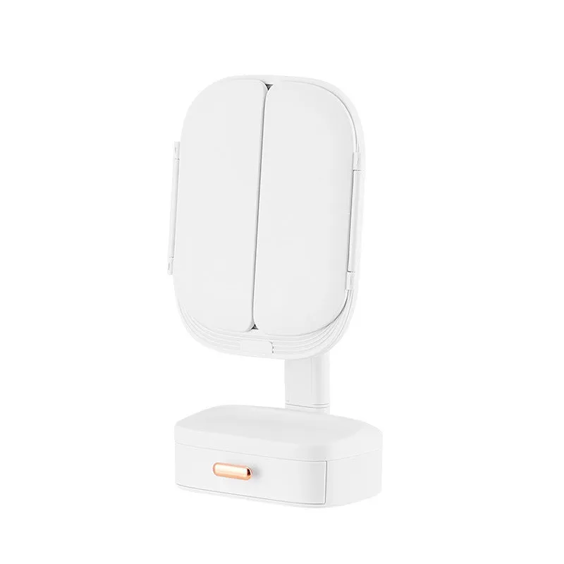 Foldable LED desktop cosmetic mirror with USB power, plastic frame, 17.5x11x36cm, in white