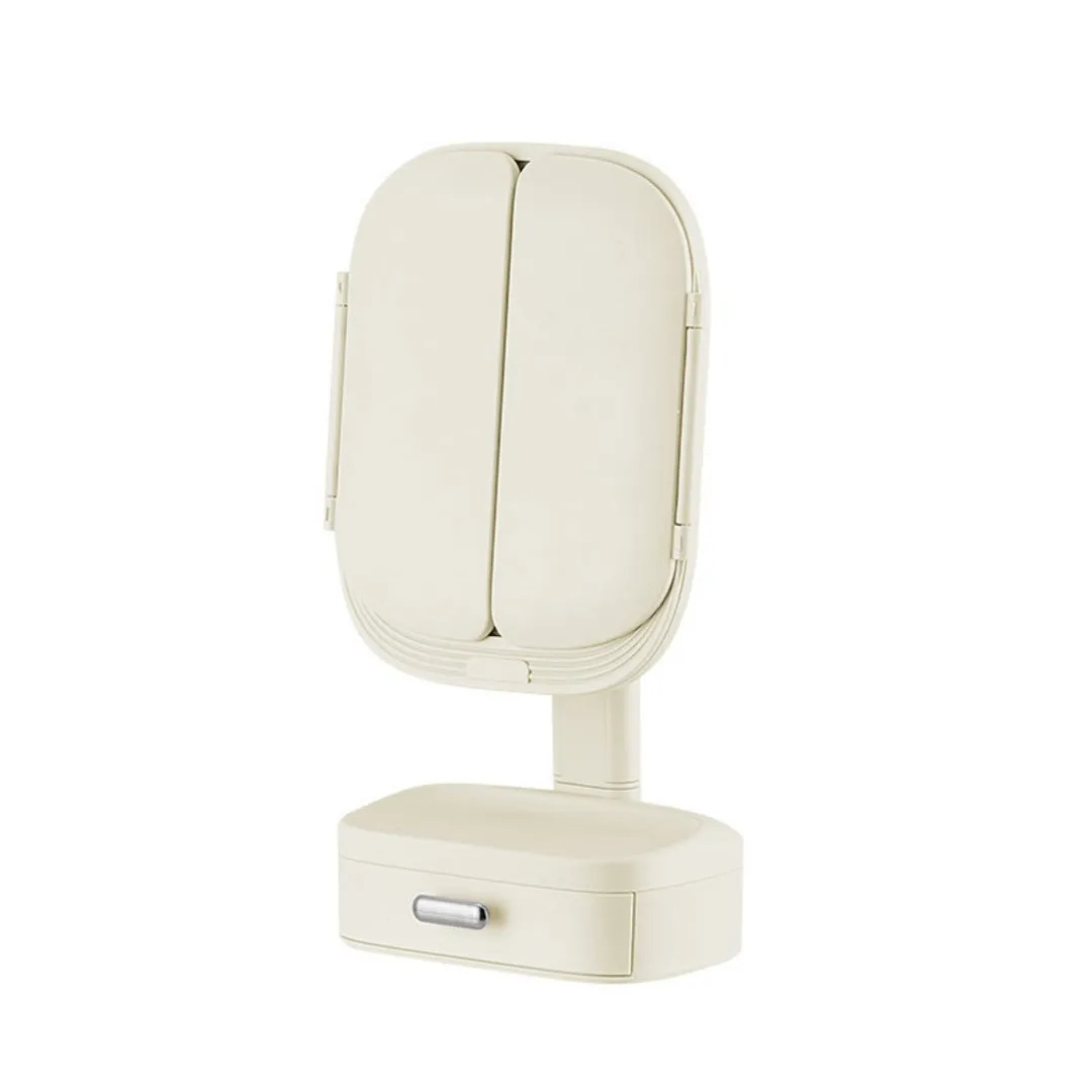 Foldable LED desktop cosmetic mirror with USB power, plastic frame, 17.5x11x36cm, in white